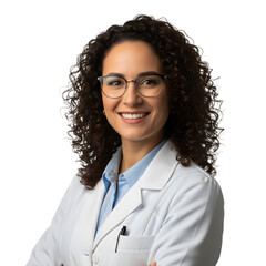Smiling female doctor in lab coat isolated on transparent background