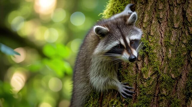 A curious raccoon with its distinctive facial mask climbs a moss-covered tree trunk in a sun-dappled forest.