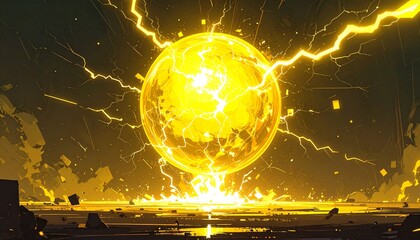 Digital illustration of a large yellow lightning ball with electrical discharges against a dark background with a fiery glow.
