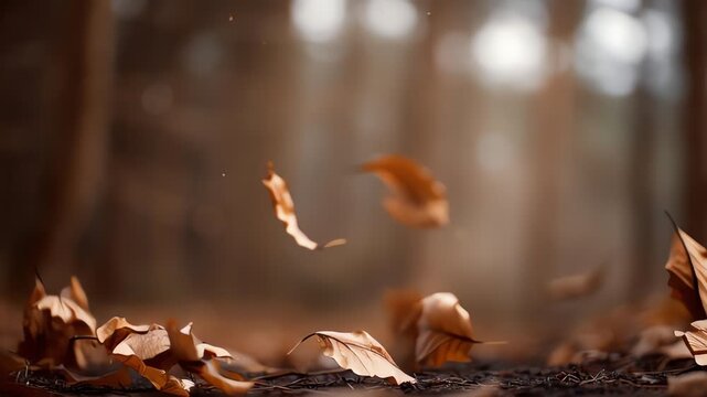 Dry autumn leaves gracefully falling and scattering on the forest ground.