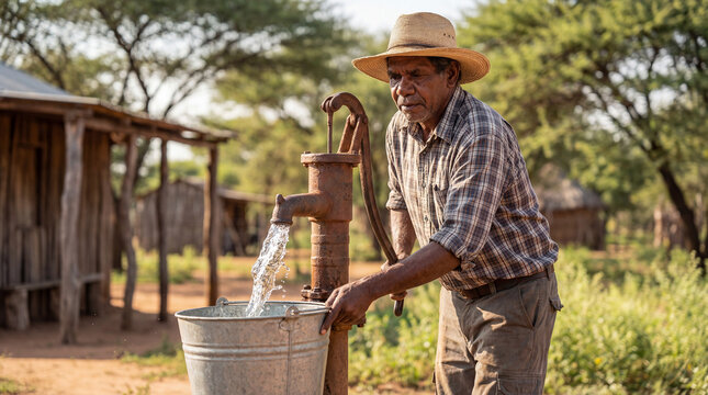 Rural man collecting clean water in a bucket using manual pump in remote village