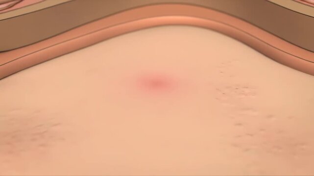 Detailed animation illustrating the development and resolution of a skin blemish or acne lesion on human skin.