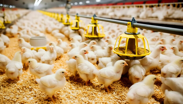 Young chicks feeding inside a large commercial poultry farm with automated equipment. Concept of livestock growth, poultry management, and modern farming.