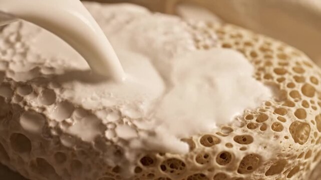 White creamy liquid pouring onto porous beige organic sponge texture