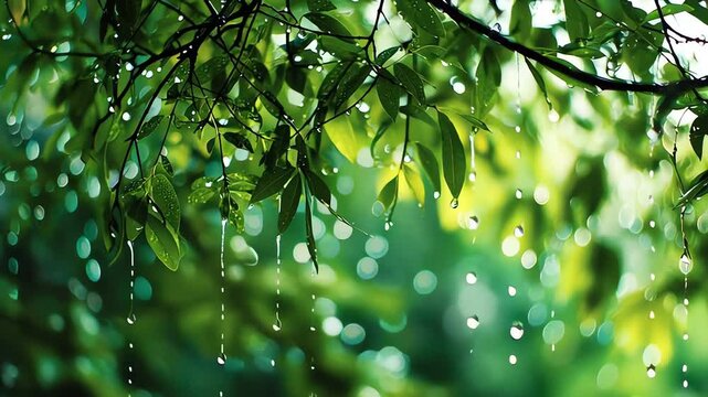 Lush green leaves with sparkling raindrops after a refreshing summer shower, creating a serene natural scene.
