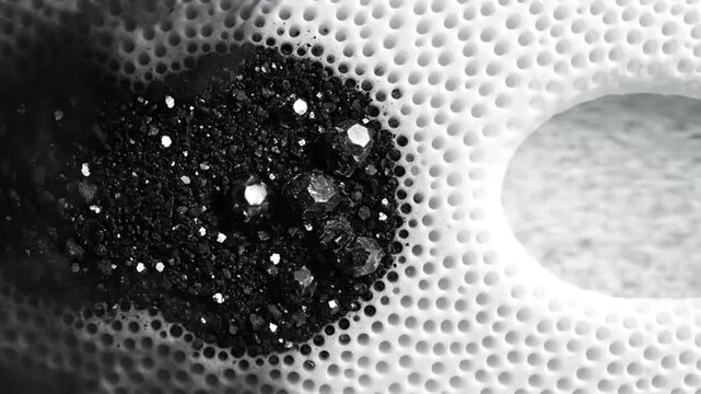 Black smoke transforming into dark crystals on white porous texture