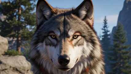 Fototapeta premium Close-up of a realistic wolf, gazing directly at the viewer, against a scenic mountain backdrop
