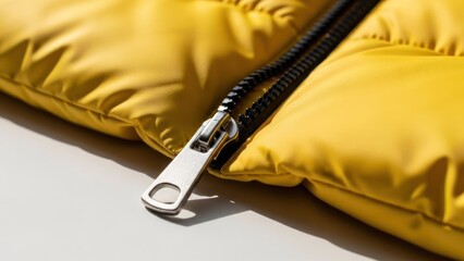 Close-up of a vibrant yellow puffer jacket with a silver metal zipper, showing detail