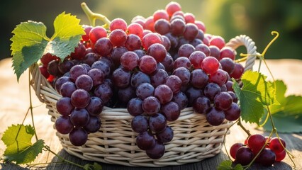 Close-up of a wicker basket overflowing with ripe purple grapes and green leaves