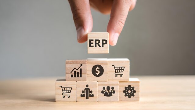 Representa&ccedil;&atilde;o conceitual de um sistema ERP (Enterprise Resource Planning) utilizando blocos de madeira empilhados em formato piramidal, dispostos sobre uma superf&iacute;cie clara e com fundo neutro.