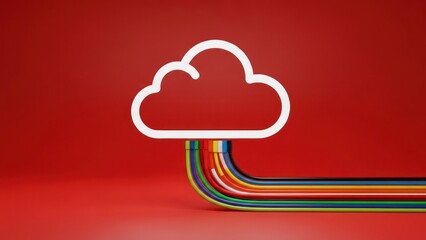 A white cloud icon connected to colorful lines against a red backdrop, depicting data flow