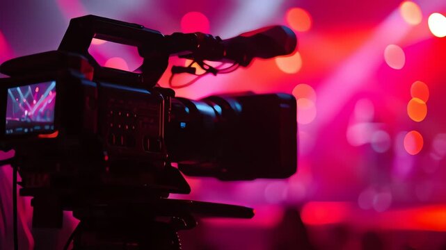 A professional video camera is set up to record a vibrant live event with colorful stage lighting.