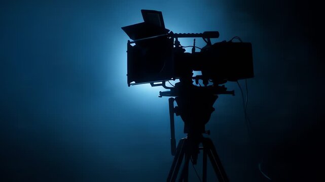 A professional video camera is silhouetted against a bright blue light, creating a dramatic and atmospheric scene.