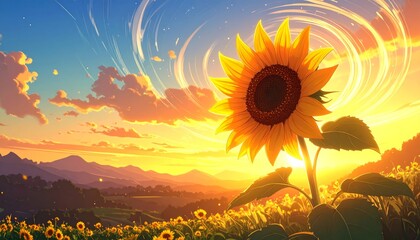 Vibrant Sunflower Field at Sunset with Majestic Mountain Backdrop.