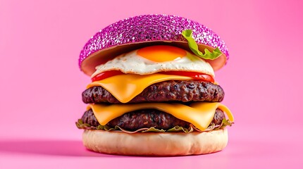 Surreal Glitter Burger with Sparkling Bun on Pink Background