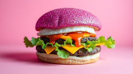 Surreal Glitter Burger with Sparkling Bun on Pink Background