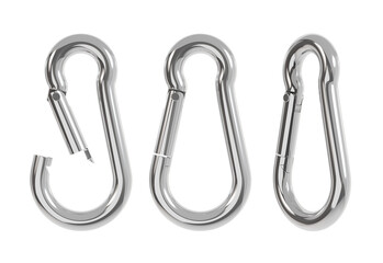 three stainless steel carabiner clips aligned horizontally, isolated on a white background. Detailed 3D render showing spring gates and smooth metal finish.