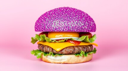 Surreal Glitter Burger with Sparkling Bun on Pink Background