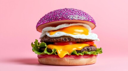 Surreal Glitter Burger with Sparkling Bun on Pink Background