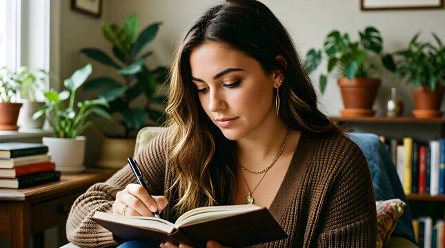Thoughtful young transgender woman writing in a journal at a cozy cafe