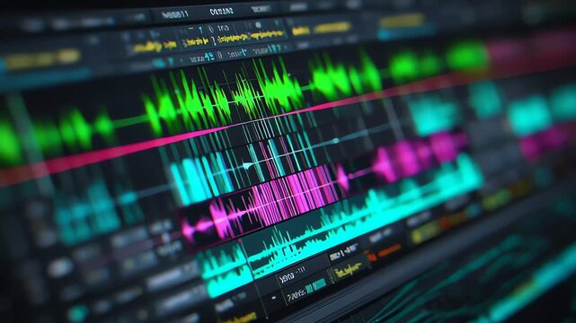 A detailed close-up of a digital audio workstation interface showing vibrant sound waveforms used for music production and editing