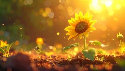 Sunflower growing in soil with sunlight and bokeh background.