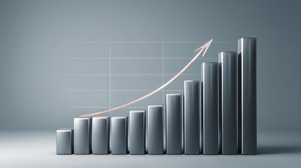 Three dimensional bar chart showing upward financial growth trend with arrow indicator