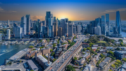 Naklejka premium 21 January 2026 Aerial Drone View of Sydney Harbour Circular Quay on a nice Summer day beautiful Sky in Sydney NSW Australia