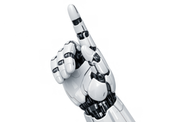 Robot hand pointing up, showing futuristic technology and artificial intelligence on a transparent background