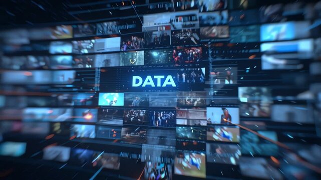 A digital wall of screens displaying various images and the word DATA in the center, representing information and technology.