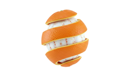 Orange peel spiraled around fruit core on white background