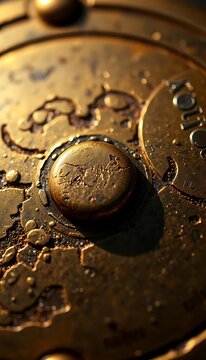 Abstract texture of a tarnished brass cryptex, surface imperfections tell a story Sharp macro captures every facet,  tarnished,  editorial
