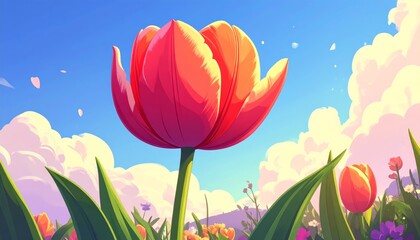 Vibrant Tulip in a Field of Flowers Under a Bright Blue Sky.