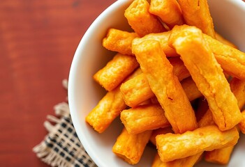 Golden brown youtiao pieces in a white bowl, close-up top-down shot of delicious fried dough sticks,  asian snack,  food imagery