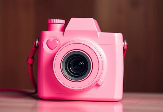 Smiling pink camera with heart detail, ideal for love themed designs,  adorable object,  cheerful art
