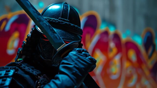 A menacing warrior in dark samurai armor and helmet holds a sword, standing against a graffiti-covered wall.