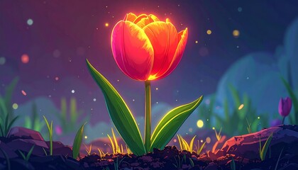 Vibrant Tulip Blooming in a Magical Night Garden Scene.