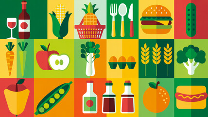 A flat, modern illustration of a grocery and food market theme arranged in a grid pattern