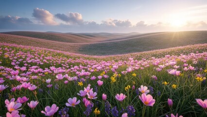 Fototapeta premium Expansive field of pink and yellow flowers on rolling hills at sunrise, soft light, serene