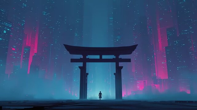 A lone figure stands before a traditional Japanese Torii gate in a futuristic, neon-lit cyberpunk city.