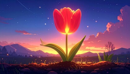 Vibrant red tulip glowing in a serene landscape at dusk.