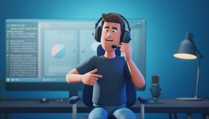 A young man wearing headphones and speaking into a microphone in a home office setup with a computer and lamp