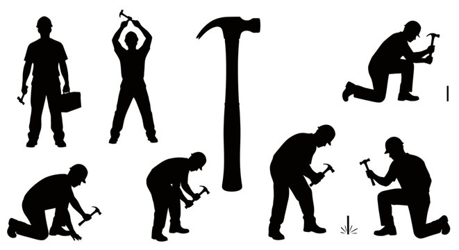 Silhouettes of a man performing various hammering and construction tasks.