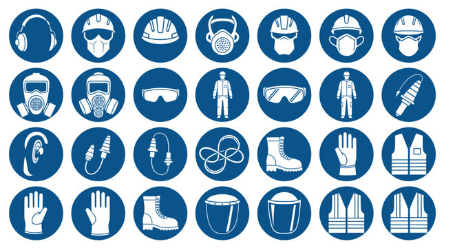 Set of blue circular icons representing various personal protective equipment and safety gear.