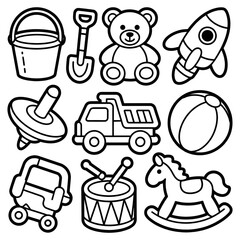 Kids Toys Icons Vector Coloring Page &ndash; Cute Children Playthings Line Art for Kids