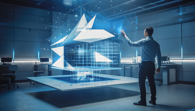 A man interacting with a futuristic digital interface in a modern office environment