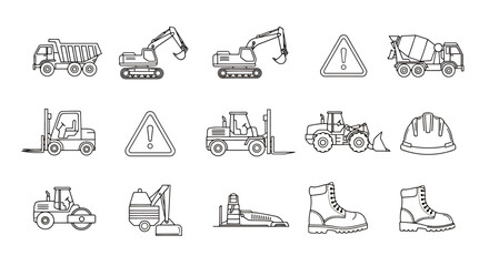 Set of construction and safety equipment line icons for industrial and building projects.