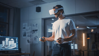 A man wearing virtual reality headset interacts with 3D models in a modern office setting at dusk