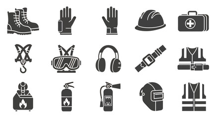 Set of black safety and protective equipment icons for industrial and construction use.