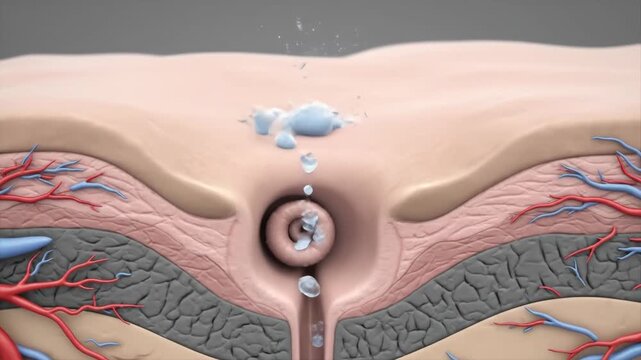 3D animation of water droplets penetrating skin epidermis for hydration. Visualizing skin care product absorption.
